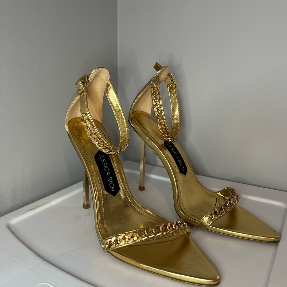Jessica Rich Monaco Gold Chain Ankle Strap Heels Sandals, 37
